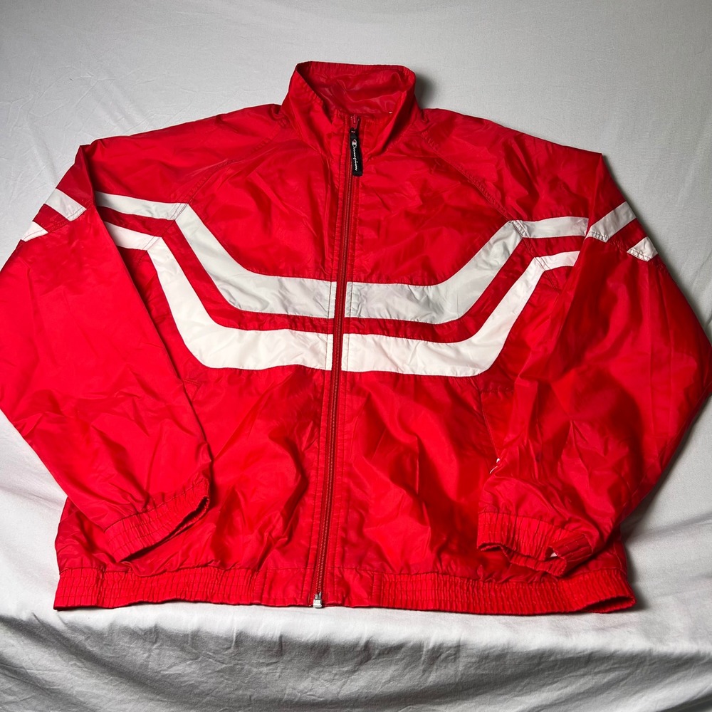 Champion Red White Chevron Stripe Windbreaker Full Zip Jacket Mens XL Vintage